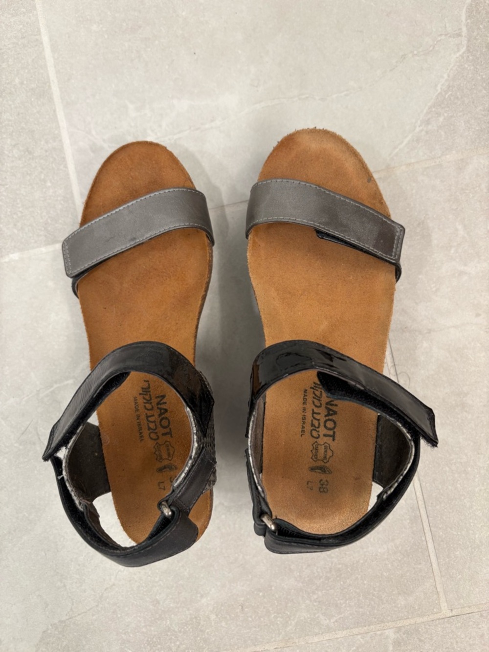 Naot Miracle Black Metallic Silver Snakeskin Velcro Wedge Sandals Size 38